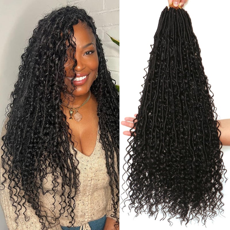 AMUMI Goddess Locs Crochet Hair-24 Inch 8 Packs Boho Faux Locs Crochet Hair for Black Women Pre Looped Soft Locs with Curly Ends (1B#, 24 Inch(Pack of 8)) - Image 1