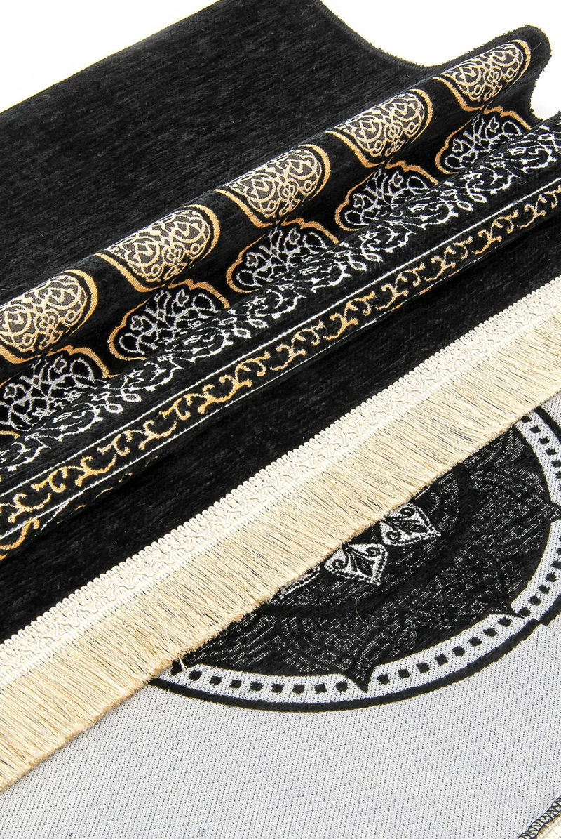 İhvan Online Kaaba Patterned Ultra Plus Black Chenille Prayer Rug 9