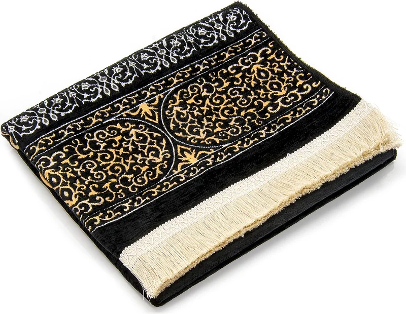 İhvan Online Kaaba Patterned Ultra Plus Black Chenille Prayer Rug 9