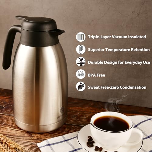 Heritage66 Thermal Coffee Carafe with Cleaning Brush – 68 oz (2 L) Vacuum Insulated Stainless Steel Beverage Dispenser, Keeps Drinks Hot 12 H/Cold 24 H, Ideal for Home, Office & Parties - Image 5
