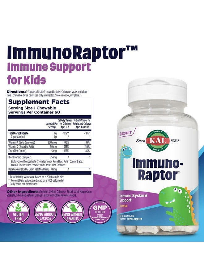 KAL ImmunoRaptor Kids Immune Support Chewables, Vitamin C and Zinc for Healthy Cell Function, Dinosaur Shaped, Orange Flavor, Gluten, Lactose, and Peanut-Free, Sweetened with Xylitol, 60 Servings - Image 2