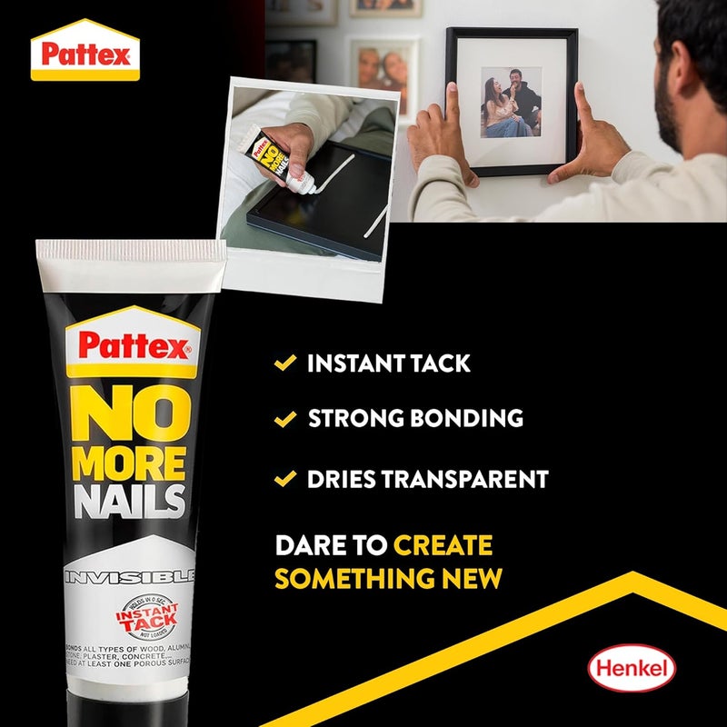 Pattex No More Nails Invisible, Heavy-Duty Clear Glue, Strong Glue For Wood, Ceramic, Metal And More, Instant Grab Mounting Adhesive, 1x40g Tube - Image 2