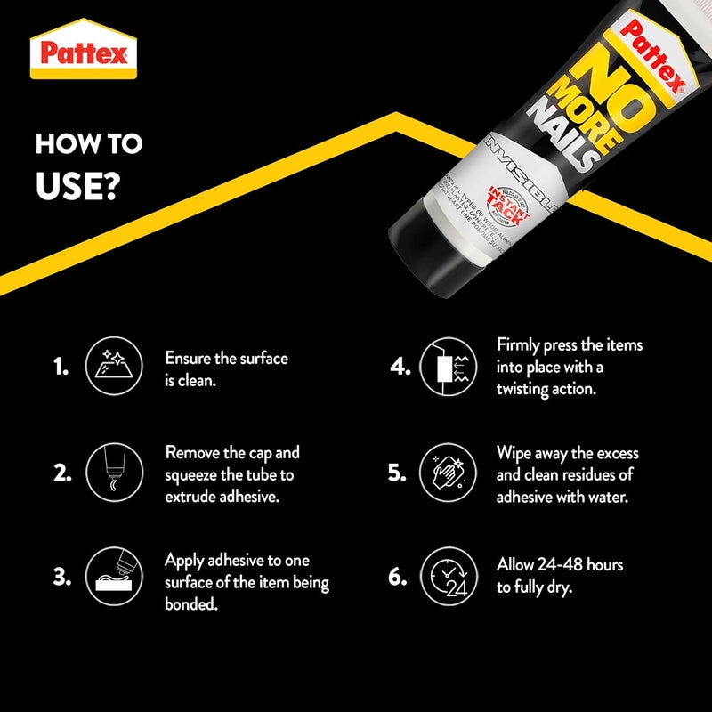 Pattex No More Nails Invisible, Heavy-Duty Clear Glue, Strong Glue For Wood, Ceramic, Metal And More, Instant Grab Mounting Adhesive, 1x40g Tube - Image 3