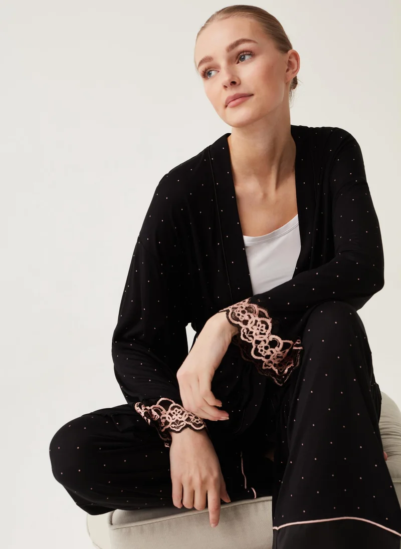 او في اس Ovs Polka Dot Viscose Robe With Lace