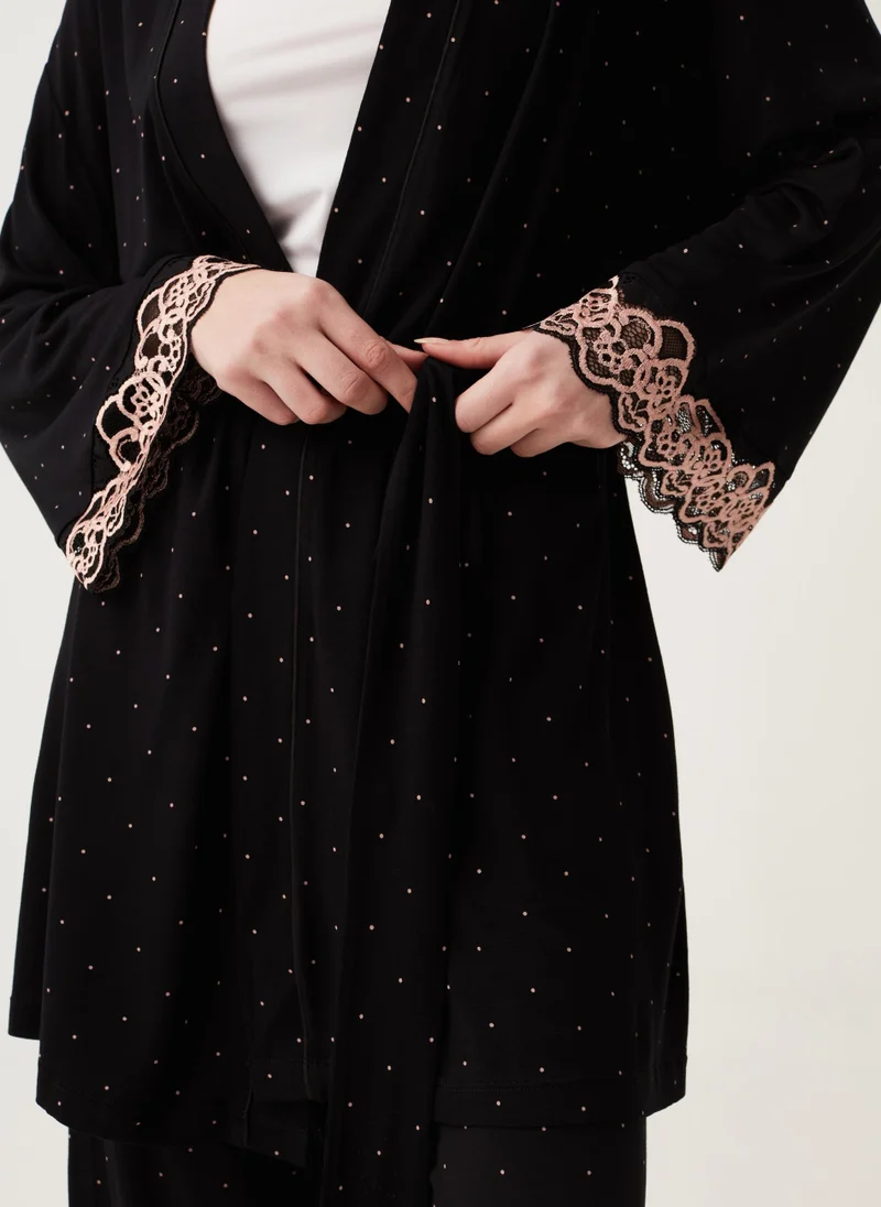او في اس Ovs Polka Dot Viscose Robe With Lace
