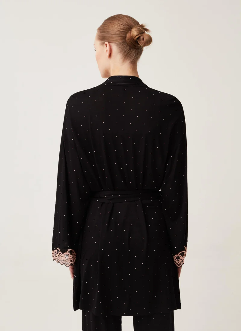 او في اس Ovs Polka Dot Viscose Robe With Lace