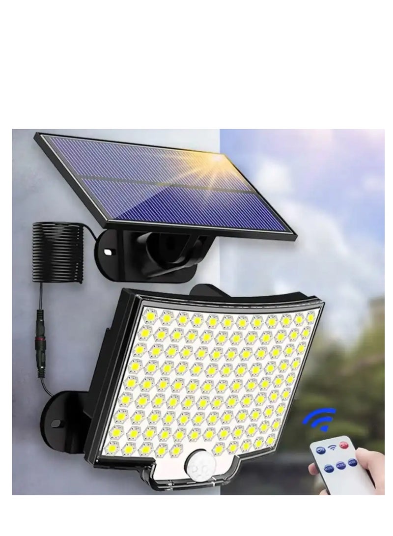 BLUE CORAL ضوء شمسي خارجي (عبوة واحدة) 106 مصباح LED مع مستشعر حركة وجهاز تحكم عن بعد IP65 مقاوم للماء لإضاءة الجدار الأمنية في الفناء والمرآب بدون فواتير كهرباء - Image 1