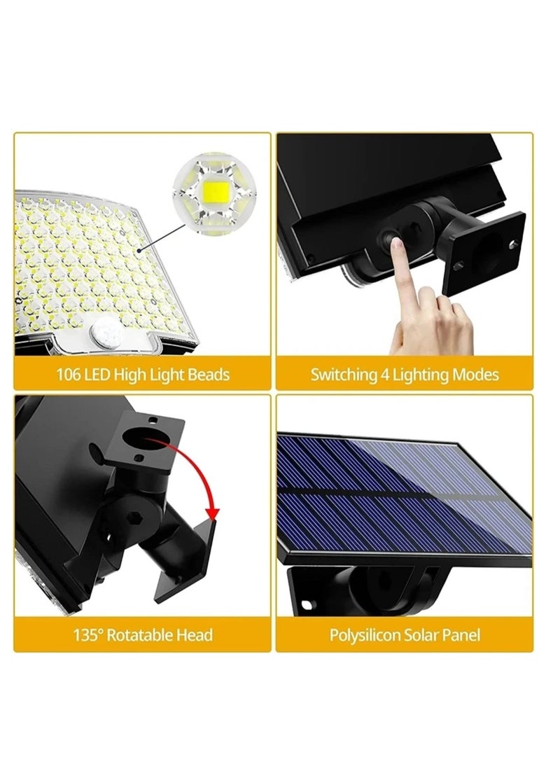 BLUE CORAL ضوء شمسي خارجي (عبوة واحدة) 106 مصباح LED مع مستشعر حركة وجهاز تحكم عن بعد IP65 مقاوم للماء لإضاءة الجدار الأمنية في الفناء والمرآب بدون فواتير كهرباء - Image 2