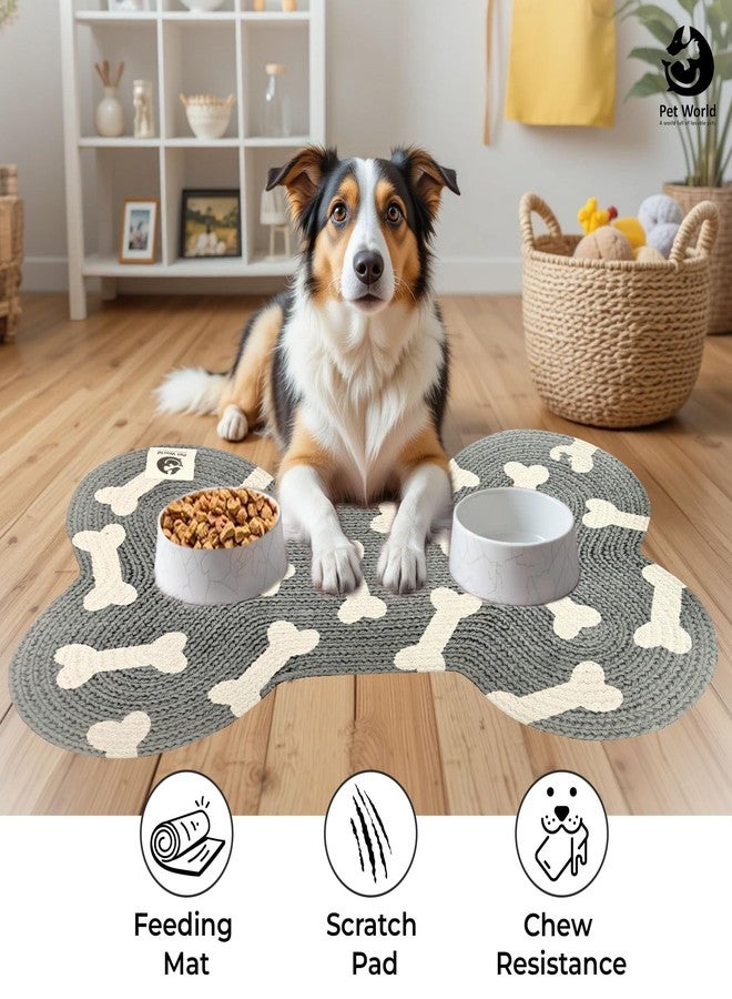 PET WORLD Bone Shape Handwoven Woof Pet Mat for Dog & Cat|Hand Braided| Skin Friendly Food Mat|Pet Area Carpet | Floor Mat|Non-Slip Mat Indoor Outdoor Mat|60 * 40 CM| Grey - Image 2