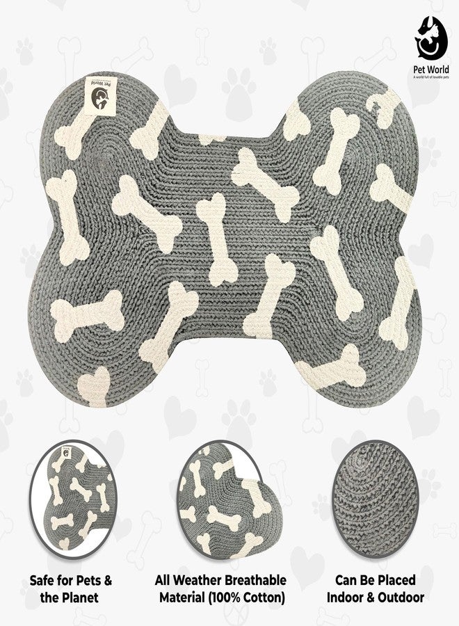 PET WORLD Bone Shape Handwoven Woof Pet Mat for Dog & Cat|Hand Braided| Skin Friendly Food Mat|Pet Area Carpet | Floor Mat|Non-Slip Mat Indoor Outdoor Mat|60 * 40 CM| Grey - Image 3