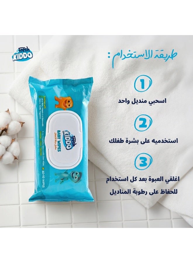 Fresh Kiddo Baby Wipes Ultra-Gentle & Moisturizing for Sensitive Skin with Aloe Vera, Vitamin E & Chamomile - 70 Pcs - Image 4