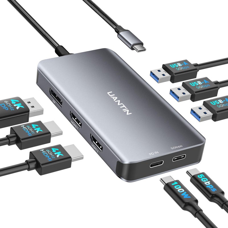 UANTIN USB C Docking Station Dual Monitor Adapter for Laptop, 8-in-1 Docking Station for 3 Monitors, 4K@60Hz USB C Dock Dongle with 2 HDMI+DP, 5Gbps USB A & C, 100W PD, for MacBook, Dell, HP, Surface - Image 1