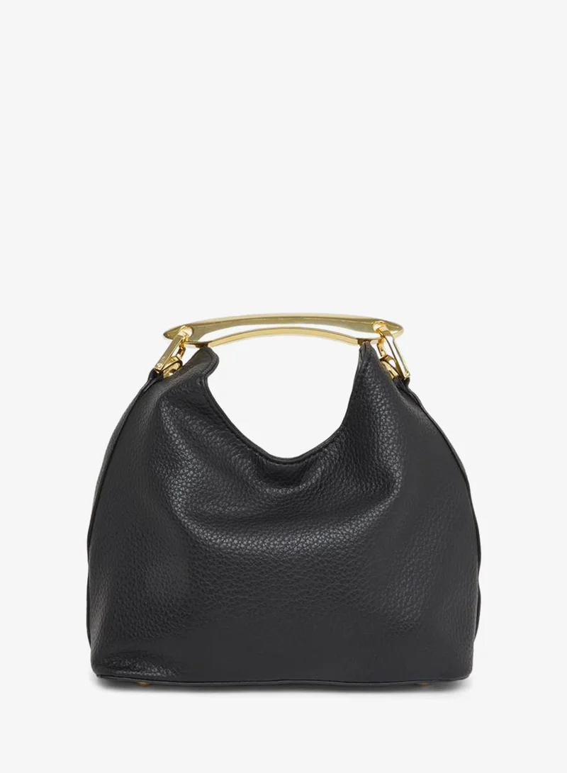Styli Black Leather Hobo Bag with Gold Handle
