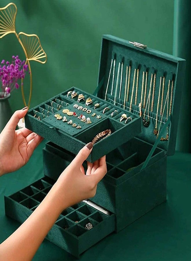 Rexmon 3-Layer Velvet Jewellery Boxes Display Storage Case with Lock for Rings Necklace Earrings (Green) - Image 2