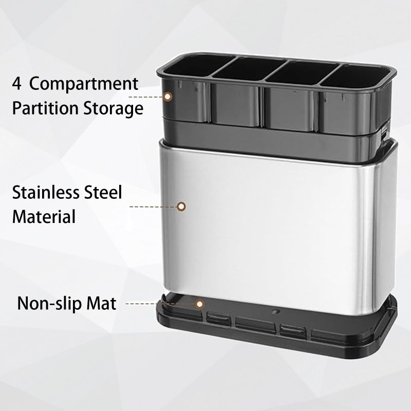 Four-Compartment Stainless Steel Cutlery Organizer (with Detachable Drain Tray, Non-Slip, Quick-Drying, Rust-Resistant) Silver - Image 3