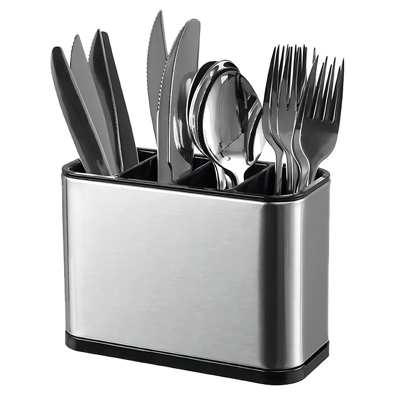Four-Compartment Stainless Steel Cutlery Organizer (with Detachable Drain Tray, Non-Slip, Quick-Drying, Rust-Resistant) Silver - Image 1
