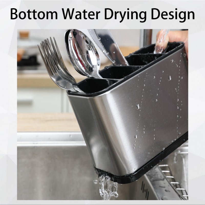 Four-Compartment Stainless Steel Cutlery Organizer (with Detachable Drain Tray, Non-Slip, Quick-Drying, Rust-Resistant) Silver - Image 4