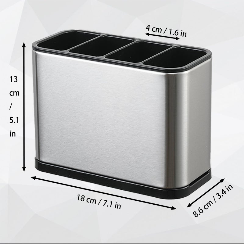 Four-Compartment Stainless Steel Cutlery Organizer (with Detachable Drain Tray, Non-Slip, Quick-Drying, Rust-Resistant) Silver - Image 2