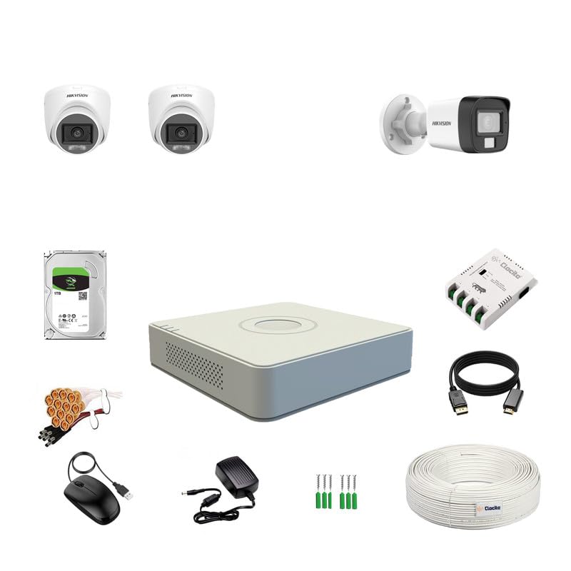 Clocite HIKVISION Full HD 4 Channel DVR, 2 MP 2 Dome & 1 Bullet Cameras [Color Night Vision + Built-in Audio MIC + Smart Dual Light + Motion Detection] + 1 TB HDD 4 CH SMPS + CCTV Cable + BNC & DC - Image 1