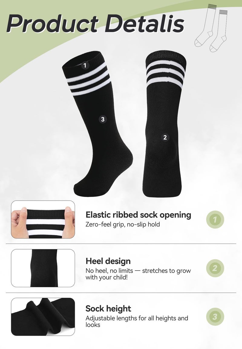 Zando Kid Soccer Socks Three Stripe Knee High Youth Softball Baseball Tube Compression Athletic Socks Children Halloween Cosplay for Boys Baby Girls Stockings 1 Pairs Black White 4-6 Years - Image 3
