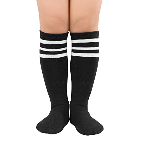 Zando Kid Soccer Socks Three Stripe Knee High Youth Softball Baseball Tube Compression Athletic Socks Children Halloween Cosplay for Boys Baby Girls Stockings 1 Pairs Black White 4-6 Years - Image 1