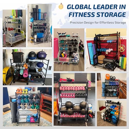 PLKOW رف أوزان الدمبل PLKOW، تخزين صالة الألعاب الرياضية المنزلية لكيتل بيل، حصيرة اليوغا والكرات، تخزين شامل للتمارين مع عجلات وخطافات، تشطيب مسحوق مطلي من الفولاذ - Image 3