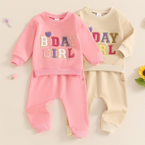 SAYOO Baby Birthday Girl Outfit Embroidery Birthday Girl Print Sweatshirt Pullover+Sweatpants Princess 2Pcs Fall Clothes (Pink, 12-18 Months) - Image 2