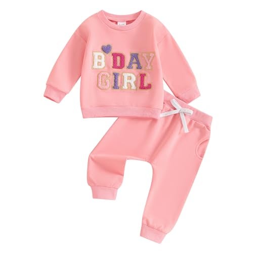 SAYOO Baby Birthday Girl Outfit Embroidery Birthday Girl Print Sweatshirt Pullover+Sweatpants Princess 2Pcs Fall Clothes (Pink, 12-18 Months) - Image 1