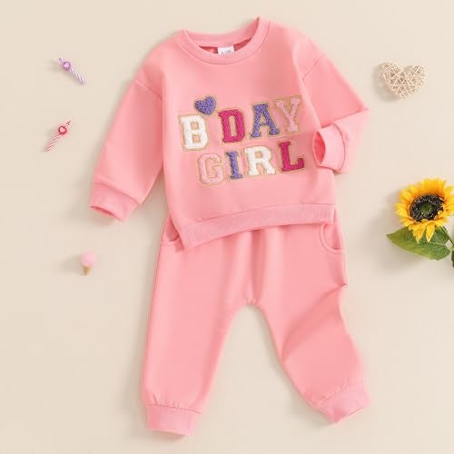 SAYOO Baby Birthday Girl Outfit Embroidery Birthday Girl Print Sweatshirt Pullover+Sweatpants Princess 2Pcs Fall Clothes (Pink, 12-18 Months) - Image 3