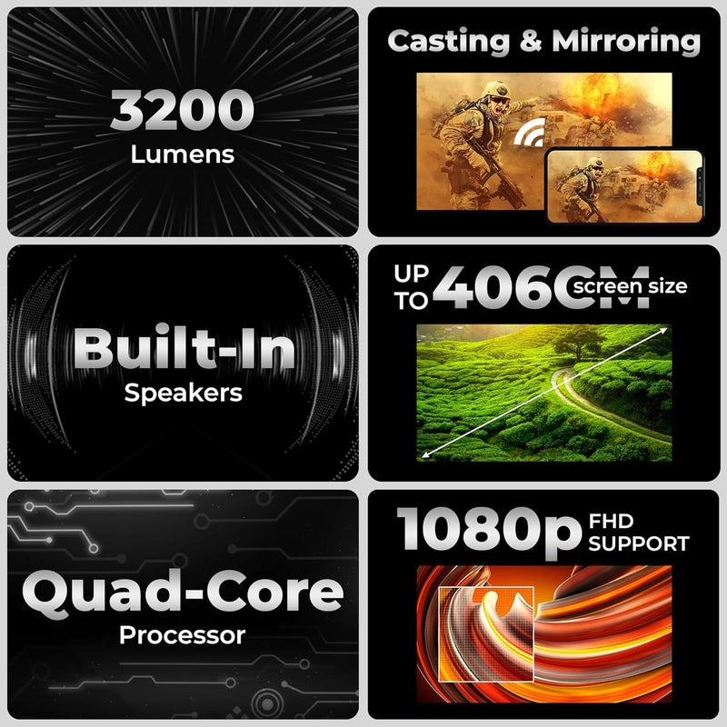 ZEBRONICS بيكسبلاي 22، جهاز عرض ذكي، 3400 لومن، دعم 4K، حجم شاشة 160 بوصة، يدعم بلوتوث، HDMI، USB، واي فاي، دقة 720p، مكبر صوت قوي، تركيز إلكتروني، دعم تطبيقات، ميرا كاست - Image 2