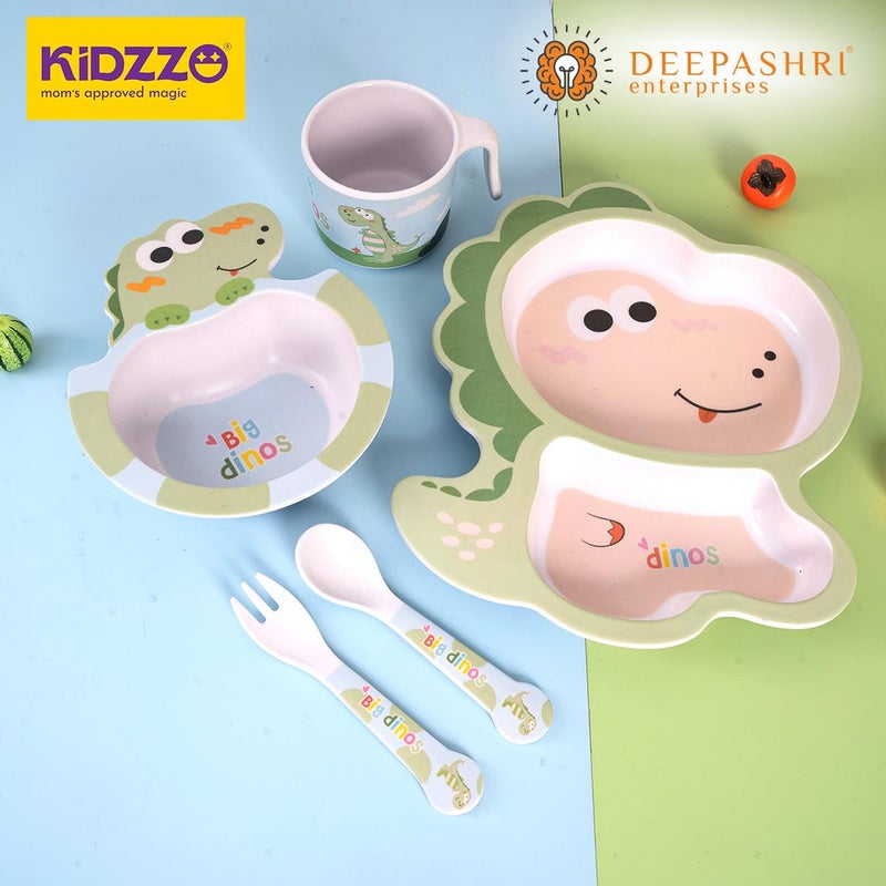 Deepashri™ Baby Dinosaur Shape Bamboo Fibre Dinner Set for Kids - Tableware Set Plate Bowl Cup Fork and Spoon/Feeding Utensils for Kids and Toddlers Eco-Friendly & Biodegradable | Set of 5 - Image 4