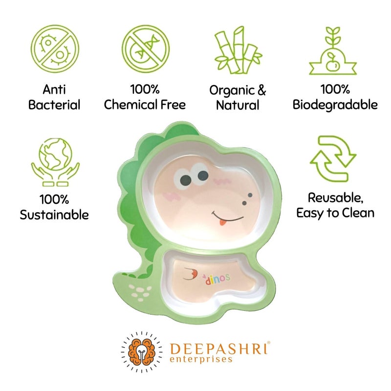 Deepashri™ Baby Dinosaur Shape Bamboo Fibre Dinner Set for Kids - Tableware Set Plate Bowl Cup Fork and Spoon/Feeding Utensils for Kids and Toddlers Eco-Friendly & Biodegradable | Set of 5 - Image 3