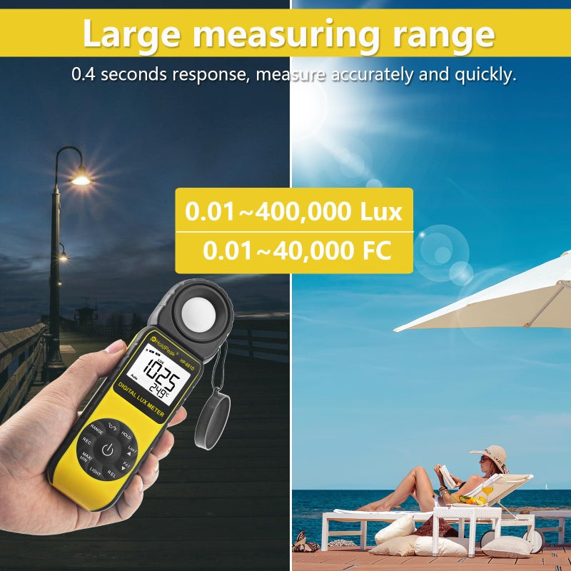 H HOLDPEAK HOLDPEAK 881D Illuminance Light Meter, Digital Lux Foot Candles Meter 0.1~400,000 Lux (0.1~40,000 FC) with 270º Rotatable Detector, Par Meter Luxmeter for Plants LED Lights Indoor Outdoor Light Tester - Image 4