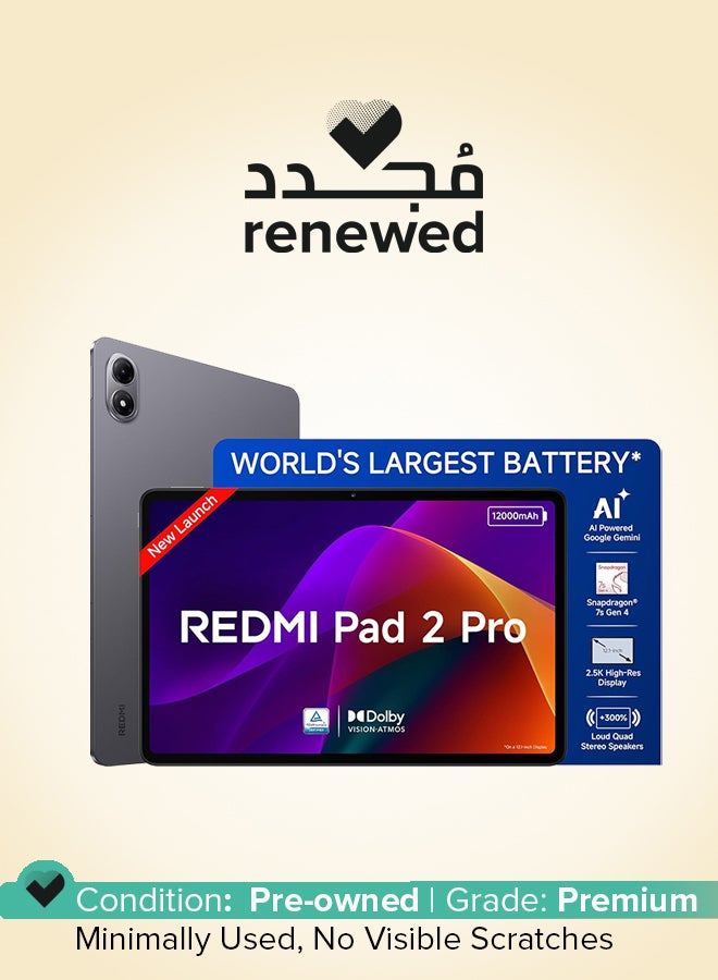 Xiaomi Renewed - Redmi Pad 2 Pro [Smartchoice] | 12000mAh | Snapdragon 7s Gen 4 |12.1-inch, 2.5K Display |83+ Days Standby |HyperOS 2 |120Hz| Dolby Vision Atmos | Wi-Fi 6| AI Powered | 8GB,128GB |Graphite Grey - Image 1