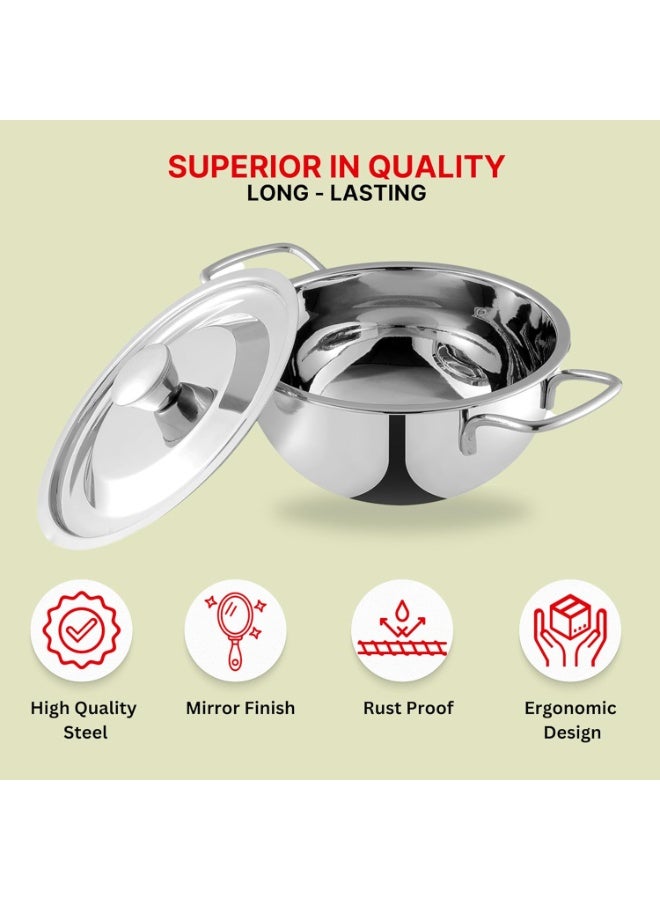 Kraft Stainless Steel Roma Bowl With Lid Set Of 2, 1.3 Litre (16 Cm) And 1.5 Litre (18 Cm) / Serving, Dining Bowl/Mirror Finish/BPA Free/ 2 Year Warranty - Silver - Image 3