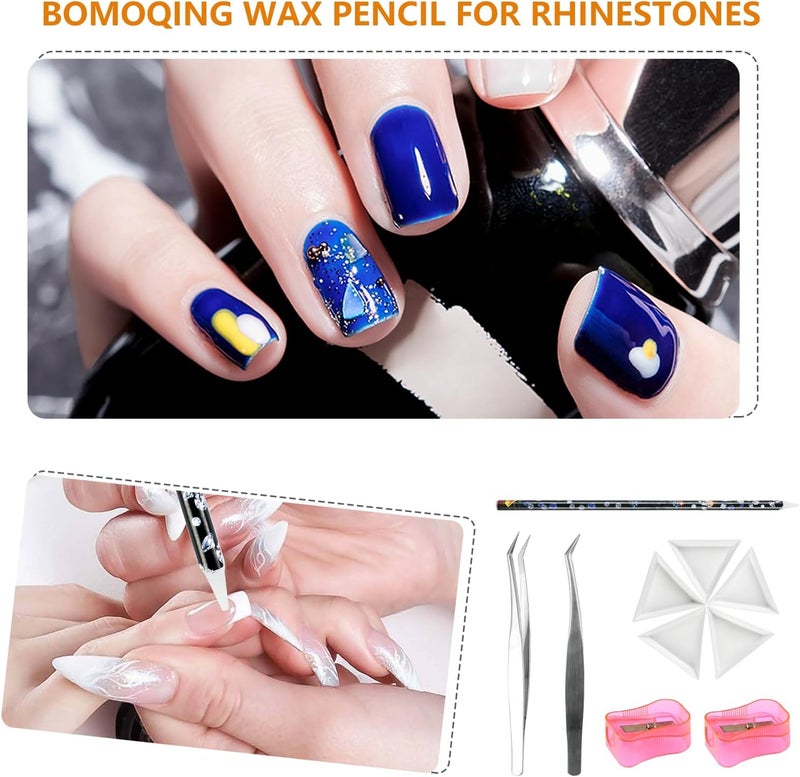 BOMOQING 10 Pencil for Rhinestones Pick up,Wax Rhinestone Picker Tool Pencil Nail Dotting Applicator White Bead Sorting Tray Triangular Plate 1 Pencil Sharpener, 1 Tweezers for Nail Art DIY - Image 4