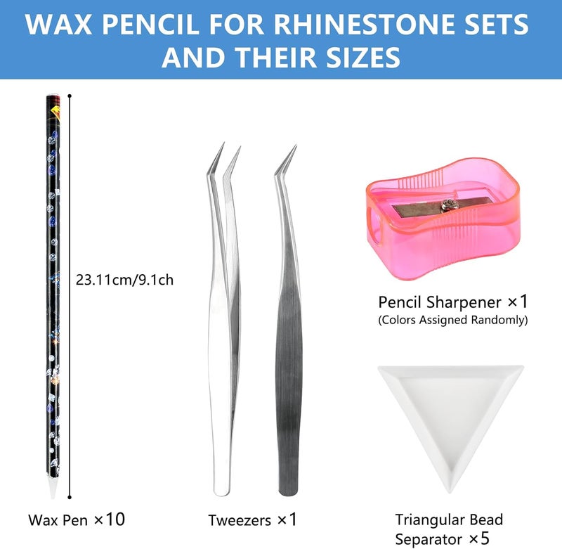 BOMOQING 10 Pencil for Rhinestones Pick up,Wax Rhinestone Picker Tool Pencil Nail Dotting Applicator White Bead Sorting Tray Triangular Plate 1 Pencil Sharpener, 1 Tweezers for Nail Art DIY - Image 2