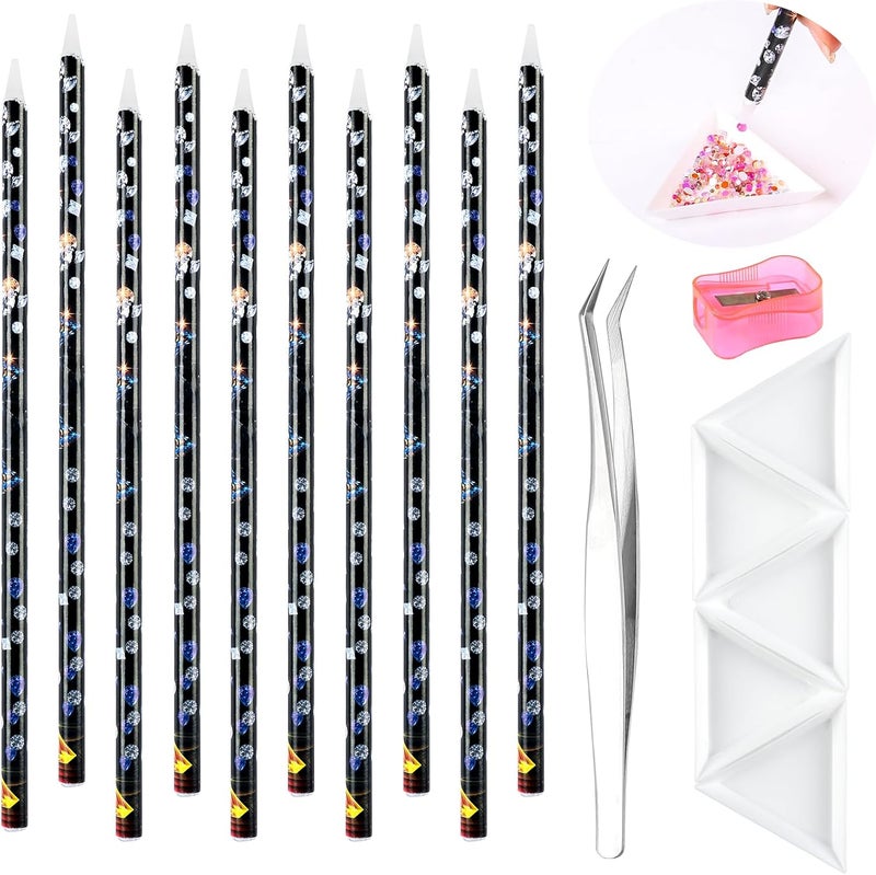 BOMOQING 10 Pencil for Rhinestones Pick up,Wax Rhinestone Picker Tool Pencil Nail Dotting Applicator White Bead Sorting Tray Triangular Plate 1 Pencil Sharpener, 1 Tweezers for Nail Art DIY - Image 1