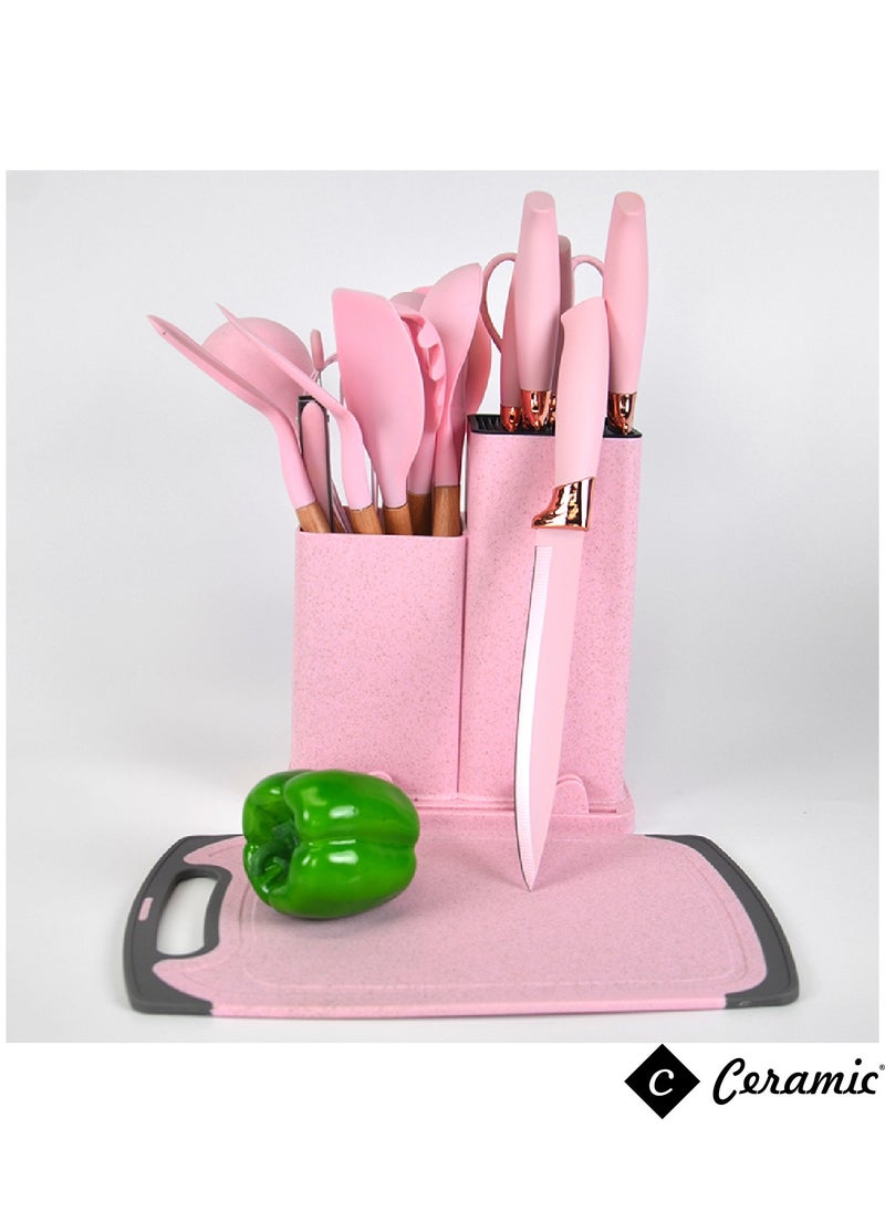 CERAMIC - Kitchen Utensils Set of 19 Silicone Cooking Utensils with Holder Non stick Cookware Friendly And Heat Resistant Pink - Image 1