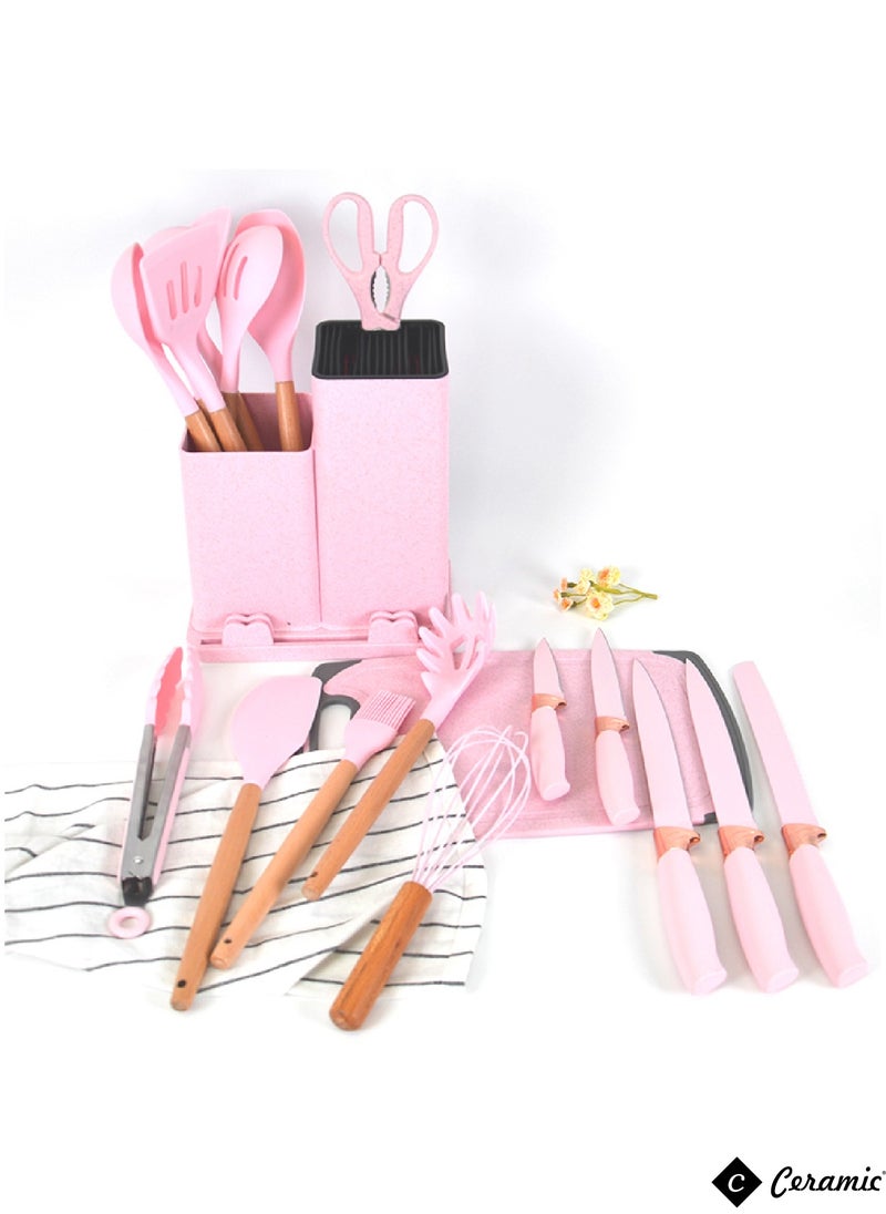 CERAMIC - Kitchen Utensils Set of 19 Silicone Cooking Utensils with Holder Non stick Cookware Friendly And Heat Resistant Pink - Image 1