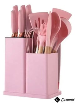 CERAMIC Kitchen Utensils Set of 19 Silicone Cooking Utensils with Holder Non stick Cookware Friendly And Heat Resistant Pink  - Image 1