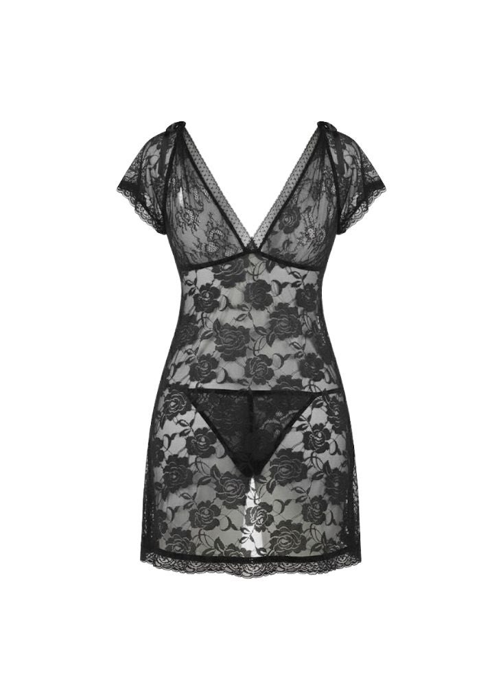 Cute Black Floral Lace Mini Dress with Sheer Design and Soft Stretch Fit - Image 4