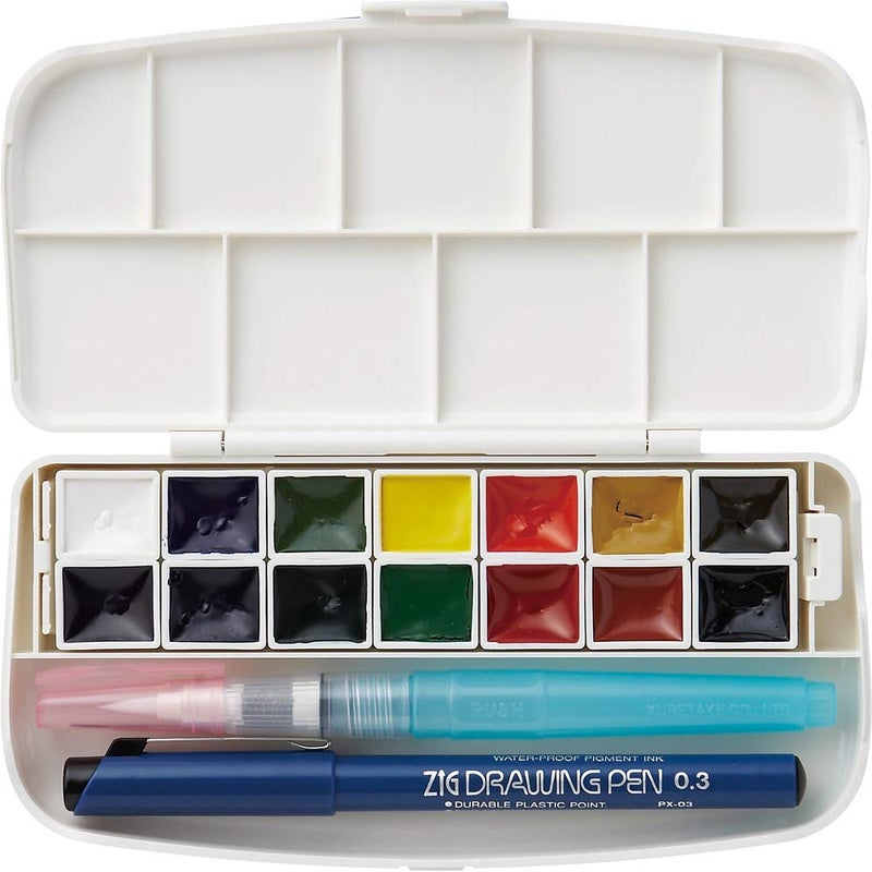 Kuretake WATERCOLOUR TRANSPARENT 14 colors set with fineliner pen and water brush pen Portable In a compact box Vibrant watercolors For professional and hobbyist APCertified Made in Japan - Image 2
