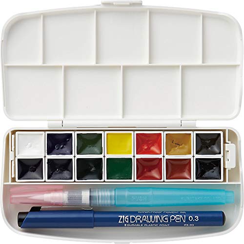 Kuretake WATERCOLOUR TRANSPARENT 14 colors set with fineliner pen and water brush pen Portable In a compact box Vibrant watercolors For professional and hobbyist APCertified Made in Japan - Image 1