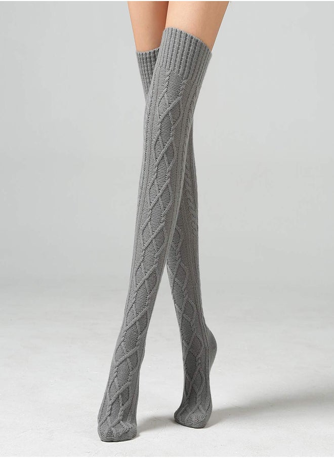Generic - Warm Cable Knit Over Knee Socks for Women - Long Leg Warmers for Winter, Stylish Rhombus Design, Cozy Knitted Wool Stockings, Perfect for Boots and Cold Weather - Image 1