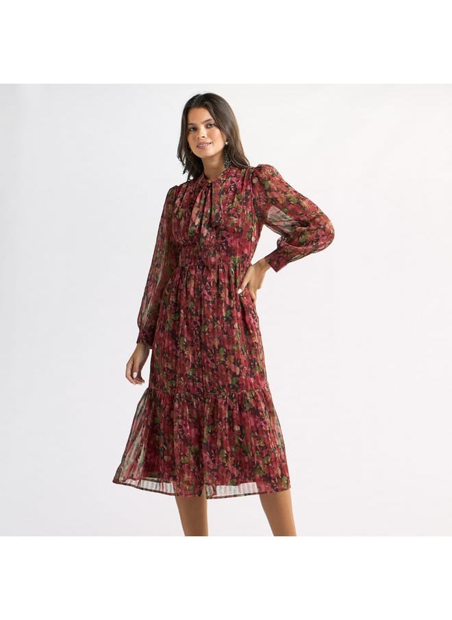FAV All-Over Floral Print Tiered Dress with Pussy Bow Collar and Long Sleeves  - Image 1