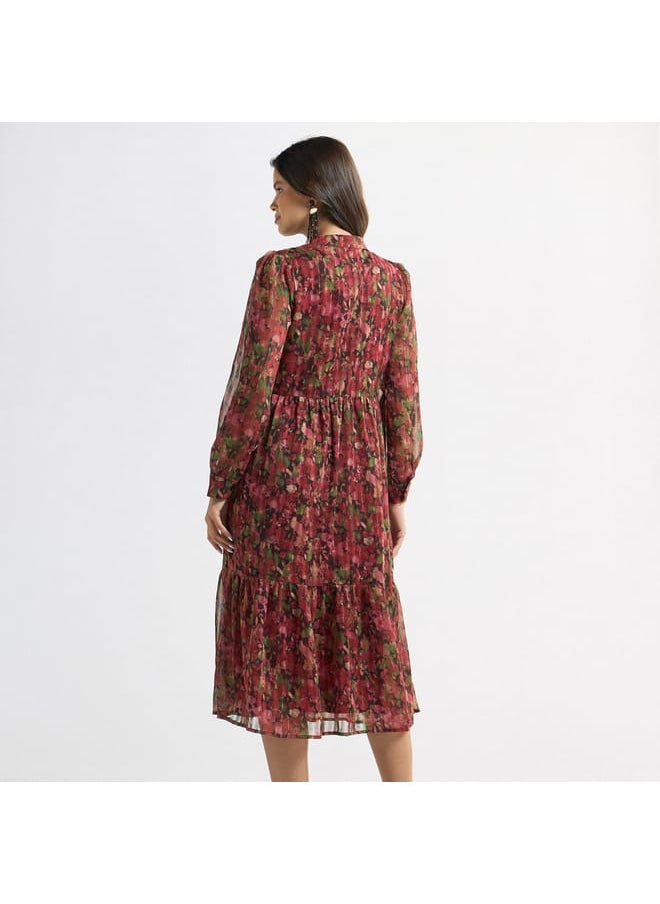 FAV All-Over Floral Print Tiered Dress with Pussy Bow Collar and Long Sleeves  - Image 3
