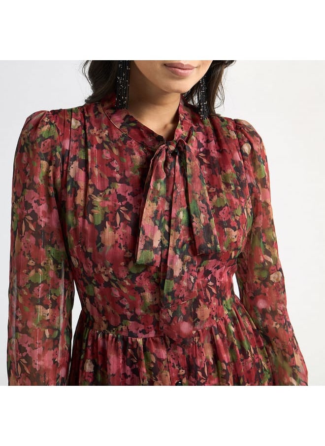 FAV All-Over Floral Print Tiered Dress with Pussy Bow Collar and Long Sleeves  - Image 4