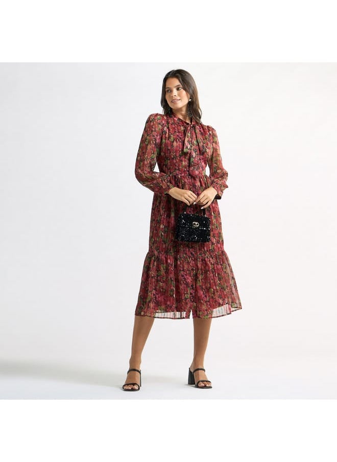 FAV All-Over Floral Print Tiered Dress with Pussy Bow Collar and Long Sleeves  - Image 2