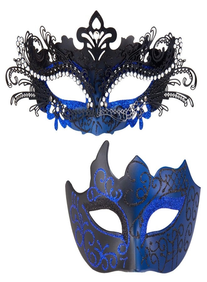 MYSEUNI Blue Masquerade Mask for Couple - Sparkling Rhinestone Metal Mascarades Mask for Women & Venetian Masks for Men - Perfect for Mardi Gras Party, Carnival, Halloween, Masquerade Balls - Image 1